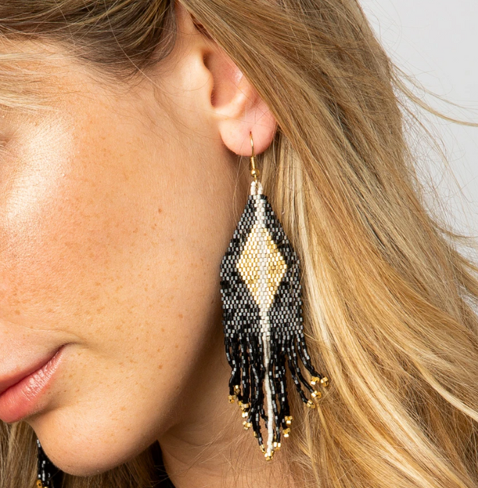 Beaded 4" Fringe Earring - Black and Gold Luxe (LXER0412)