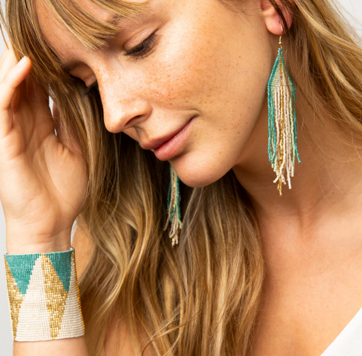 Beaded 4.25" Fringe Earring -Teal Ombre (LXER0806)