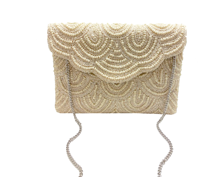 Cream Scalloped Beaded Clutch