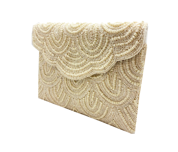 Cream Scalloped Beaded Clutch