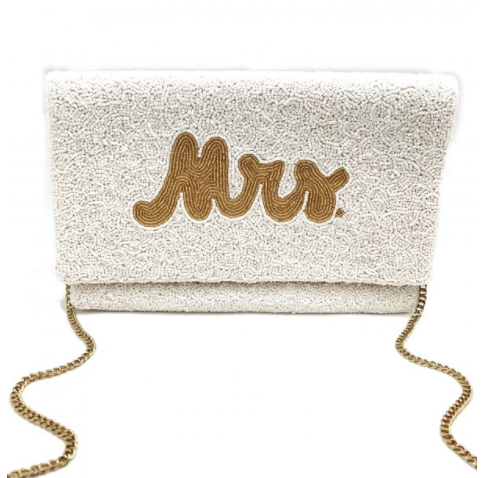 White Beaded Mrs Clutch - Gold