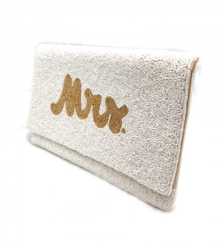 White Beaded Mrs Clutch - Gold
