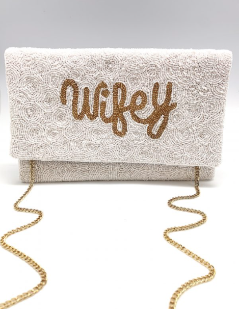 White Beaded Wifey Clutch