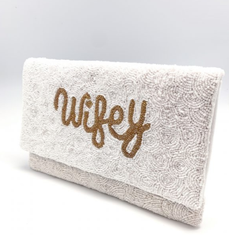 White Beaded Wifey Clutch