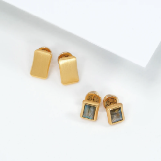 Baguette Gemstone Studs - Morganite/Gold