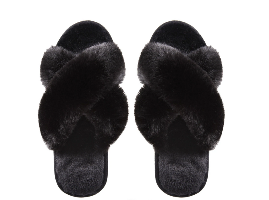 Beverly Fur Plush Slippers | Black