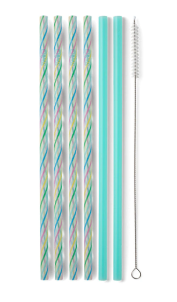 Reusable Straw Set | Rainbow Stripe & Aqua