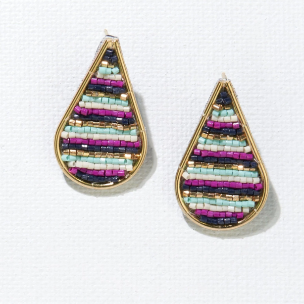 Beaded Drop Stripe Earrings | Navy Magenta