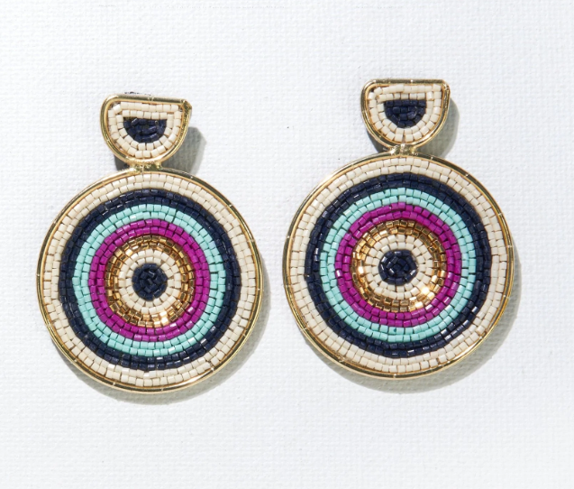 Large Circle Earrings | Stripe Navy Magenta