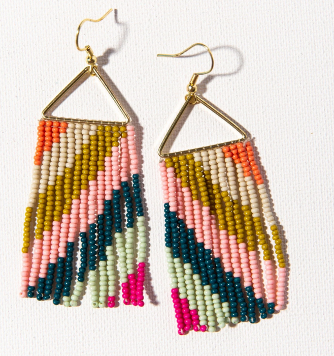 Beaded Fringe Triangle Earring - Pink Citron