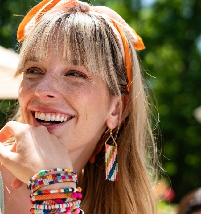 Beaded Fringe Triangle Earring - Pink Citron