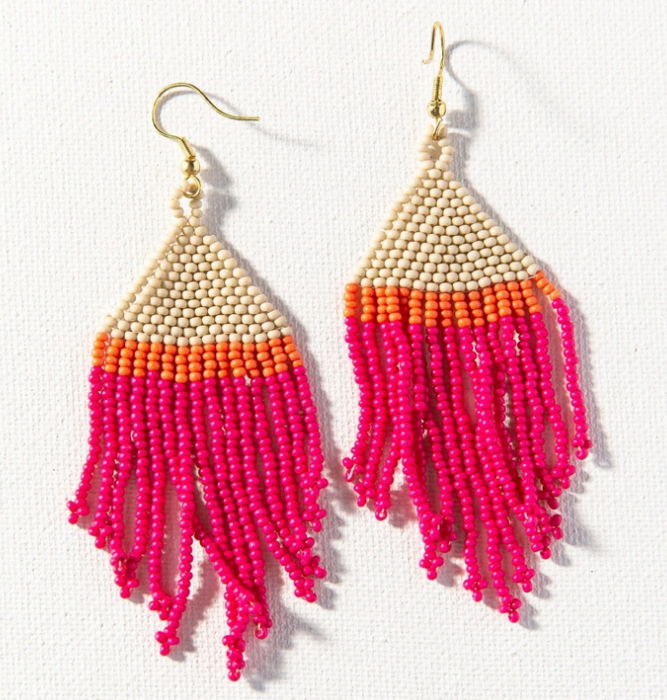 Beaded 4" Fringe Earring - Hot Pink Tan (SBER2001HP)