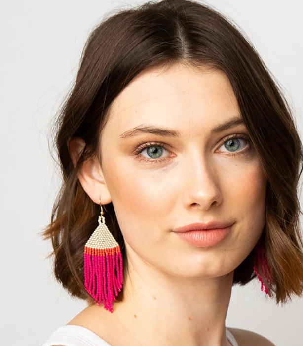 Beaded 4" Fringe Earring - Hot Pink Tan (SBER2001HP)