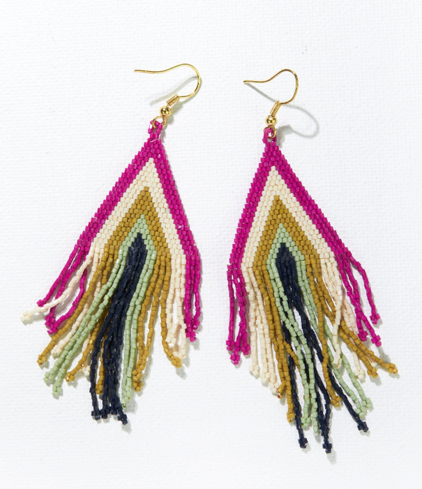 Beaded 4" Fringe Earring - Magenta Navy (LXER1000MG)