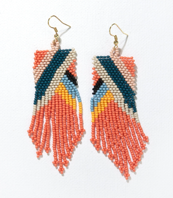 Beaded 3.75" Fringe Earring - Coral Multi Angle (SBER2900C)