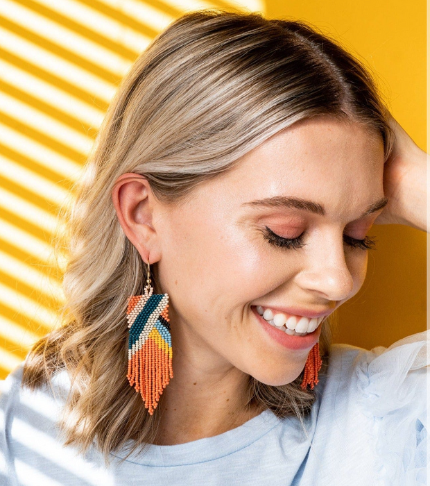 Beaded 3.75" Fringe Earring - Coral Multi Angle (SBER2900C)