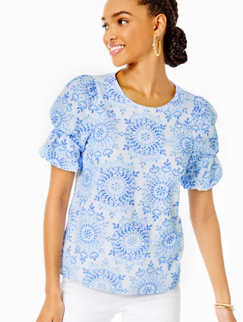 Lailah Short Sleeve Eyelet Top | Boca Blue Beachside