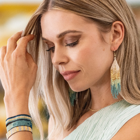 Beaded 4.25" Fringe Earring | Teal Gold Ombre (LXER1114TE)