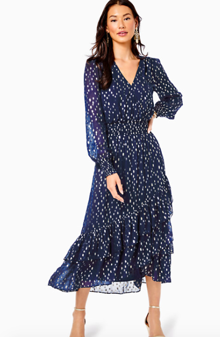 Cristina Mdid Dress | Navy Viscose Mettallic Clip Dobby