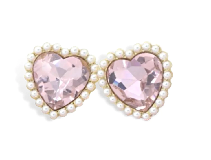 Light Pink Crystal and Pearl Heart Earrings