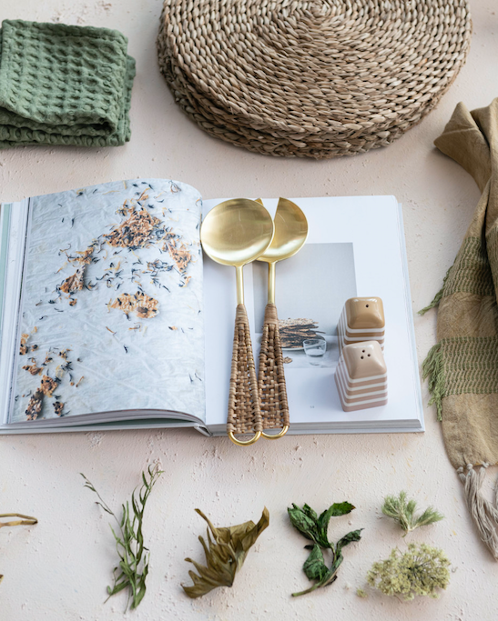 Gold and Rattan Salad Servers