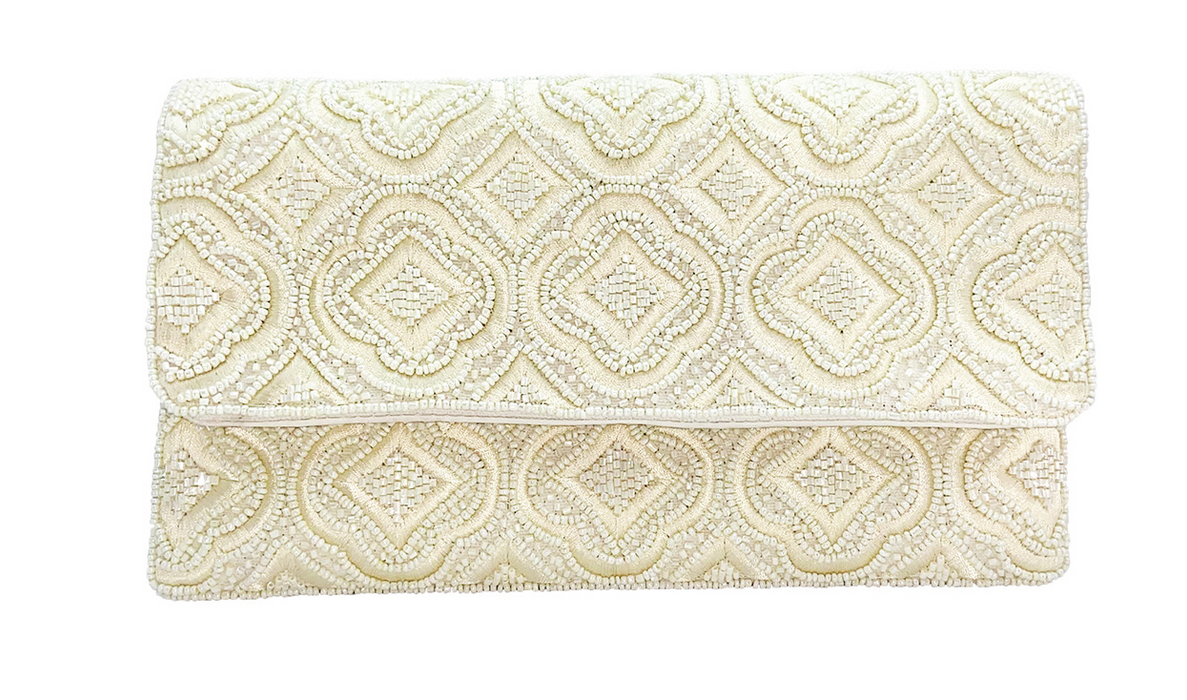 Cream Mosaic Beaded Clutch