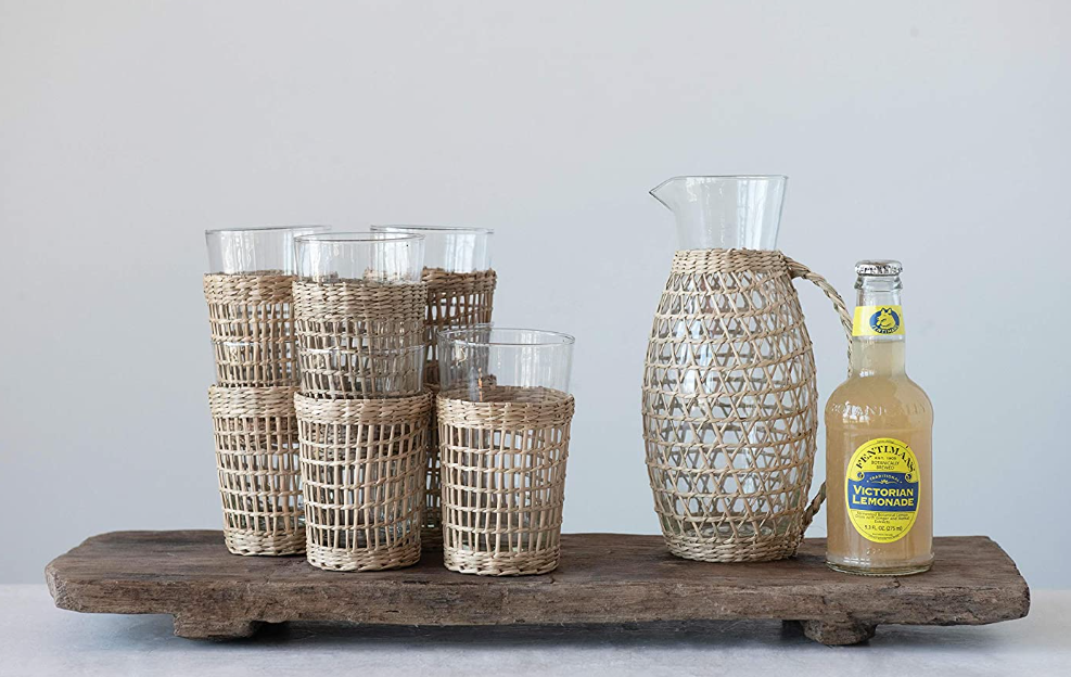 Glass Pitcher w/Woven Seagrass Sleeve