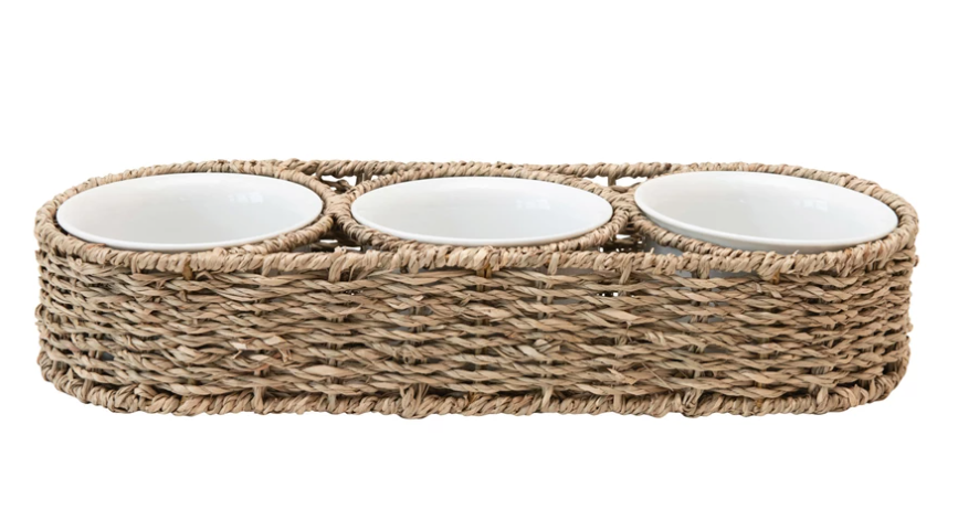 Hand-Woven Basket w/Ceramic Bowls