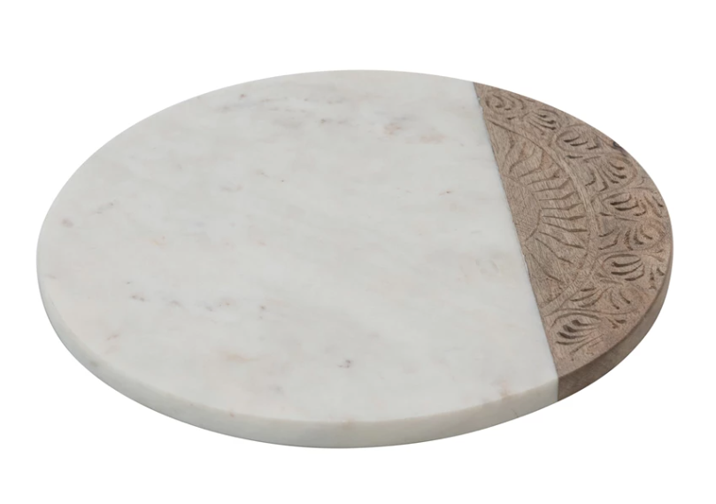 Round Marble and Carved Wood Serving Board