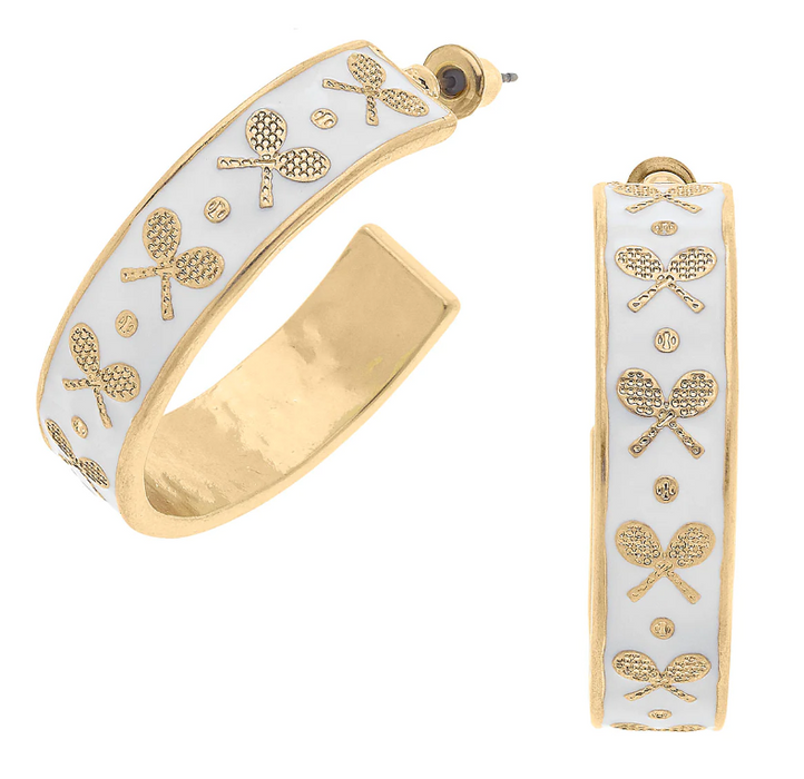 Briar Tennis Racquet Enamel Hoop Earring | White