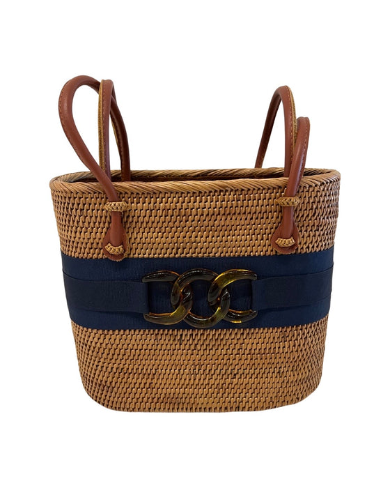 Md Straw Tote w/Navy Tortoise Link